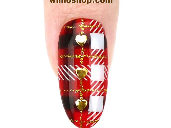 Red Plaid Nail with Hearts